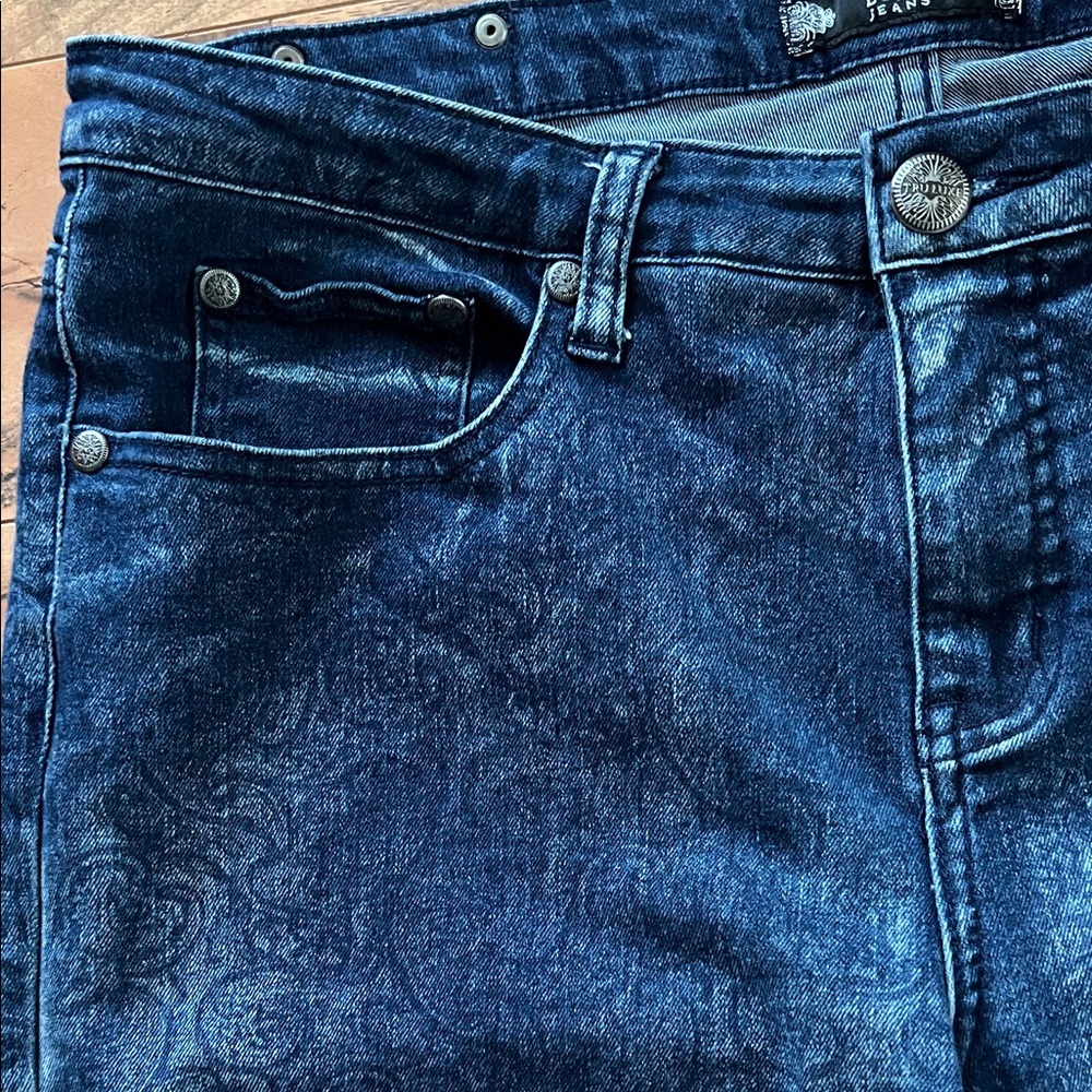 TRU Luxe Paisley Print Jeans Size 14 • Stretch Straight Leg • Dark Wash - Picture 6 of 11